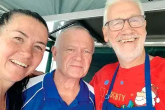 Michelle Maher, Bob Snoke, and Gordon Lawrence raise funds for Rotary at a Bunnings barbecue.