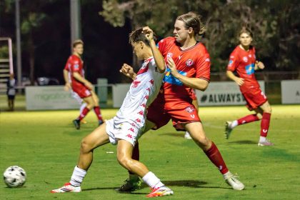 played his 100th competition game for the Red Devils in their Kappa Pro Series 2-2 draw with St George Willawong. Photo: Ray Gardner
