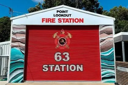 BEFORE AND AFTER: North Stradbroke’s Point Lookout Fire and Rescue Station has received a major facelift by local Indigenous artist Xoe Mazzoni.
