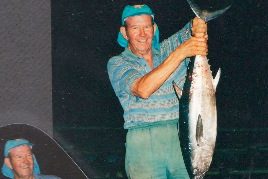 Bill Jenkins in his younger days with a blue fin tuna caught on Turtle Head Island.