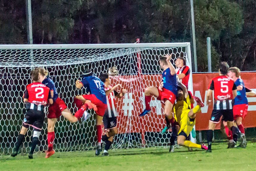 Redlands captain Noah Hitchcock opens the scoring after only eight minutes in the FQPL1 season opener against Holland Park Hawks. Photo: Ray Gardner