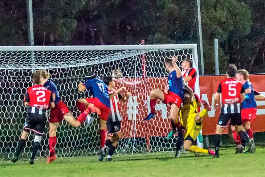 Redlands captain Noah Hitchcock opens the scoring after only eight minutes in the FQPL1 season opener against Holland Park Hawks. Photo: Ray Gardner