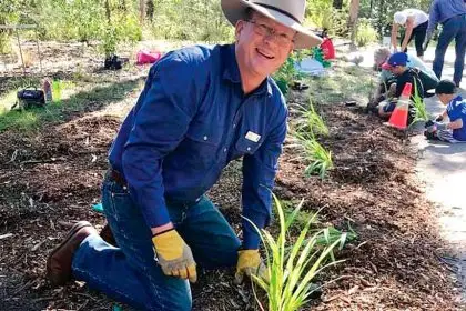 GREEN THUMB: Cr Paul Golle plants a new tree.