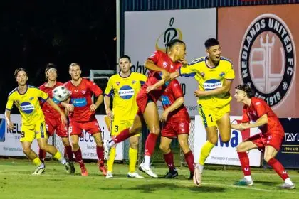 Action from Friday night’s Kappa Pro Series as Redlands United FC hosted the Brisbane Strikers. PHOTO: Ray Gardner