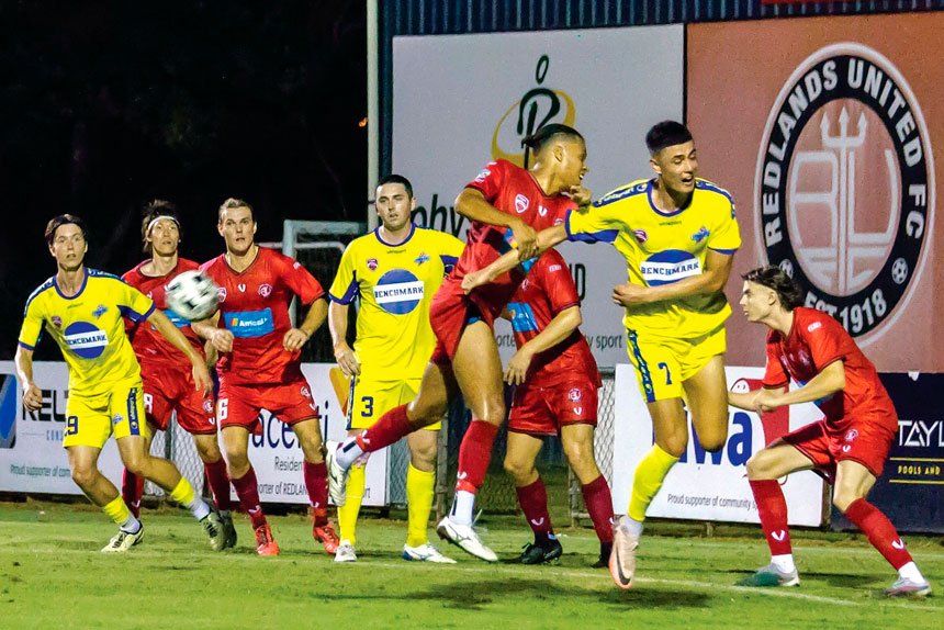 Action from Friday night’s Kappa Pro Series as Redlands United FC hosted the Brisbane Strikers. PHOTO: Ray Gardner