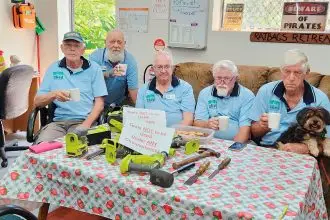SILENT PROTEST: From left, Ben Poole, Geoff Buchus, Garry Smith, Max Jones and Bob Corpe down tools at the Coochie Men’s Shed.