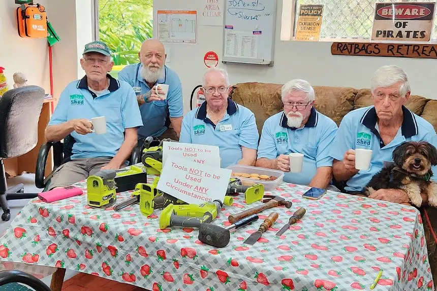 SILENT PROTEST: From left, Ben Poole, Geoff Buchus, Garry Smith, Max Jones and Bob Corpe down tools at the Coochie Men’s Shed.