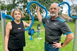 CURLY ONE: Lisa Sampson and Cr Peter Mitchell have questions about the exercise equipment.