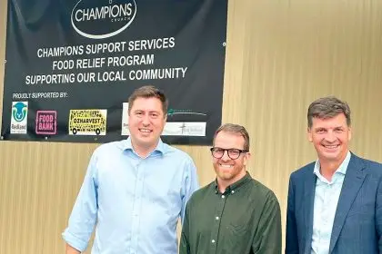 Federal Member for Bowman Henry Pike, Senior Pastor Grant Cunningham and Shadow Treasurer Angus Taylor at the announcement of the Coalition’s promised funding for the food bank.