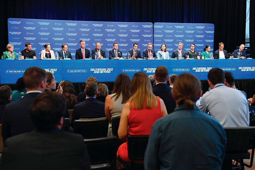 Queensland Premier David Crisafulli (middle) and others speak to a media panel after the announcement of the Games Delivery Plan for the 2032 Olympics and Paralympics.