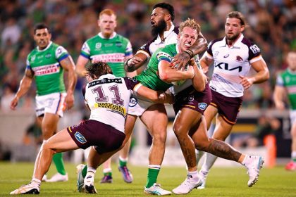 Zac Hosking is tackled by Payne Haas during the Canberr Raiders v Brisbane Broncos clash at GIO Stadium on Saturday. (AAP Image/Lukas Coch)