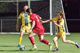 Redlands man of the match, Deegan Brook, scored two goals and was a handful for Thunder all game. Photo Ray Gardner.