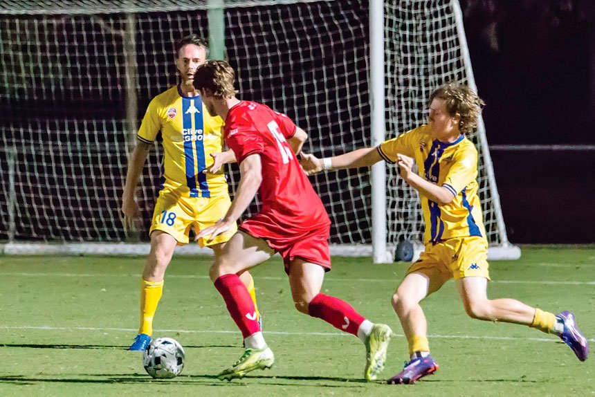 Redlands man of the match, Deegan Brook, scored two goals and was a handful for Thunder all game. Photo Ray Gardner.