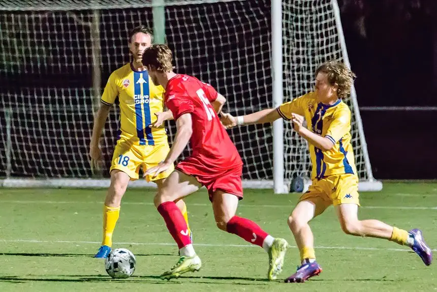 Redlands man of the match, Deegan Brook, scored two goals and was a handful for Thunder all game. Photo Ray Gardner.