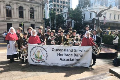 The QSHBA after the Brisbane 2024 Anzac Parade, where they also debuted their WW1 nurses’ uniforms.