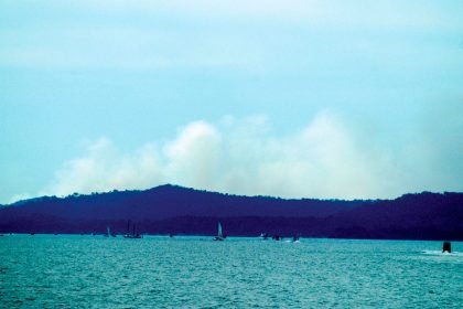 Bushfire smoke hangs over North Stradbroke Island.