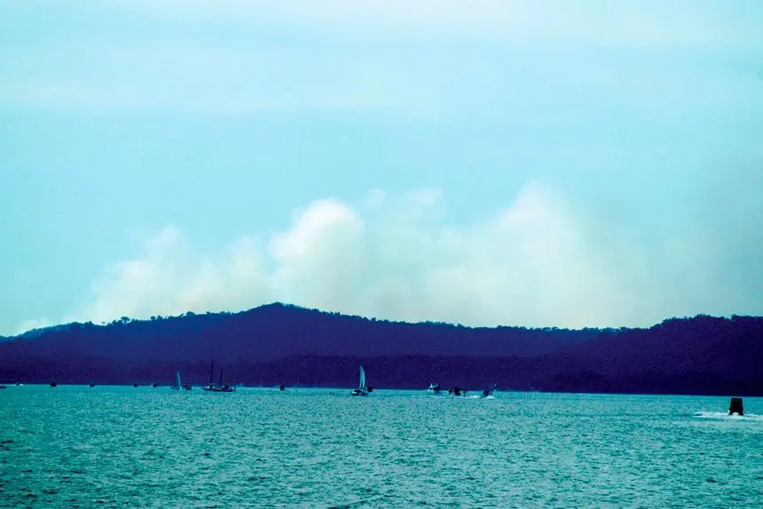 Bushfire smoke hangs over North Stradbroke Island.