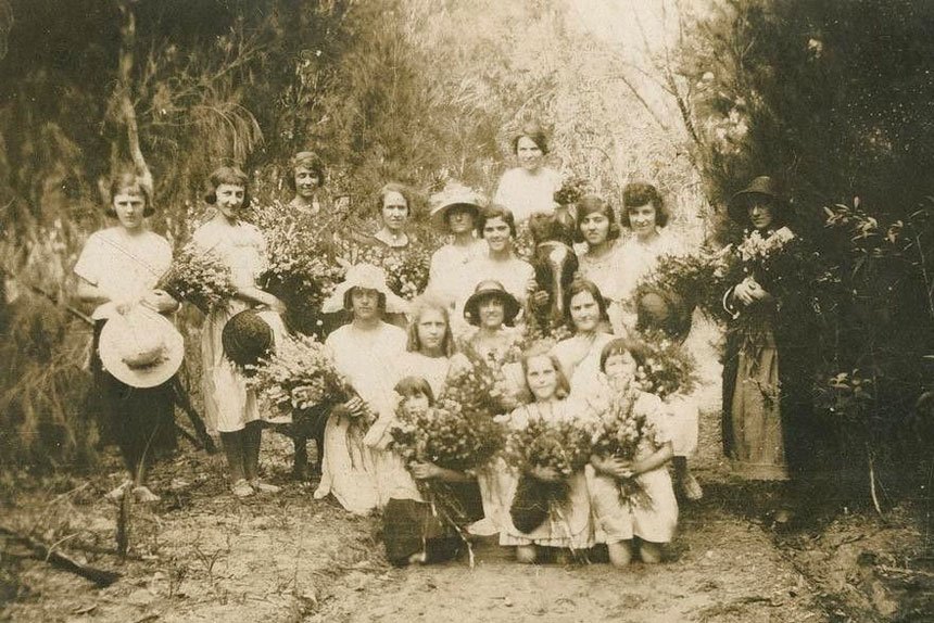 Gathering wildflowers on Russell Island, Queensland, 1924, 28042 Fischer Family Photographs, State Library of Queensland. Visit: slq.qld.gov.au/media/30654