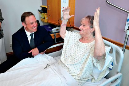 Former Queensland Premier Steven Miles visiting patient Hilary Ikstrums at Mater Private Hospital.