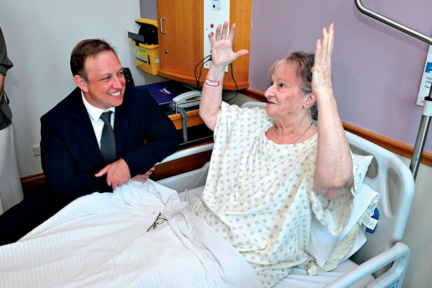 Former Queensland Premier Steven Miles visiting patient Hilary Ikstrums at Mater Private Hospital.