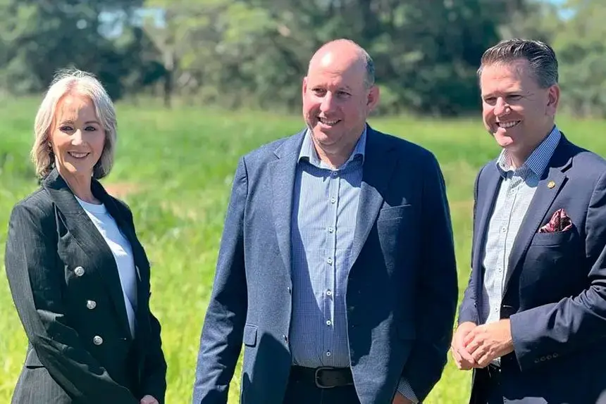 Rebecca Young, BMD Group CEO Scott Power and Jarrod Bleijie at Thornlands.