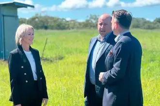 Rebecca Young with BMD CEO Scott Power and Queensland Deputy Premier Jarrod Bleijie.