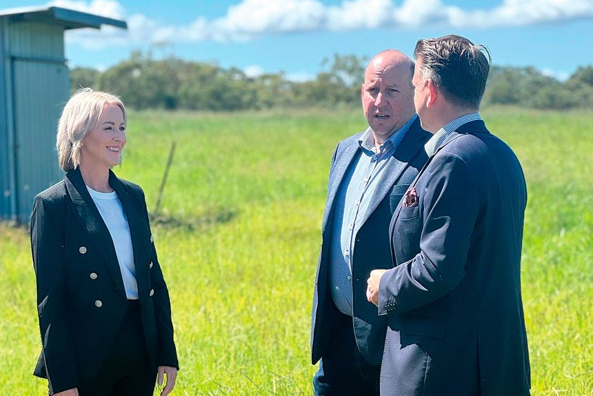 Rebecca Young with BMD CEO Scott Power and Queensland Deputy Premier Jarrod Bleijie.