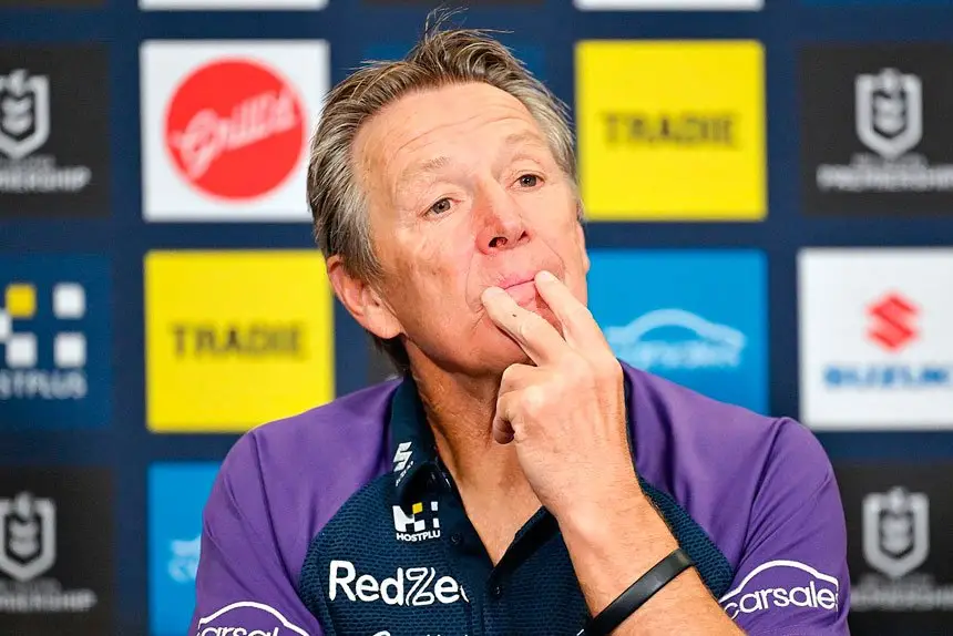 Craig Bellamy looks on during a press conference – he has the Storm firing on all cylinders. PHOTO: AAP Image/Dave Hunt