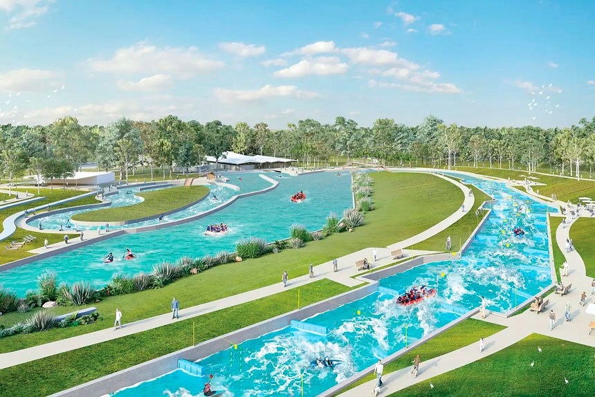 The proposed Redlands Whitewater Centre. Inset pic: The $18 million Yeppoon Lagoon.