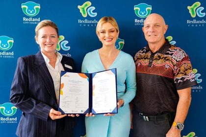 Redland City Mayor Jos Mitchell, Queensland Small Business Commissioner Dominique Lamb, and Economic Development Portfolio Councillor Peter Mitchell at the Small Business Friendly charter signing.