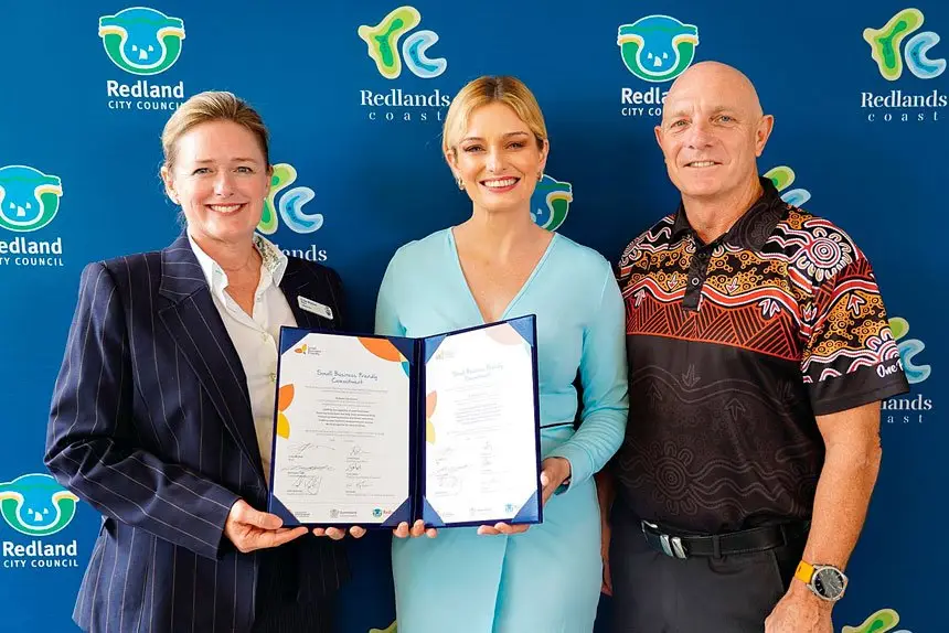 Redland City Mayor Jos Mitchell, Queensland Small Business Commissioner Dominique Lamb, and Economic Development Portfolio Councillor Peter Mitchell at the Small Business Friendly charter signing.