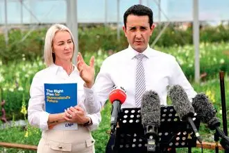 Rebecca Young and David Crisafulli holding a press conference at Redlands Fresh Flowers during the election campaign.