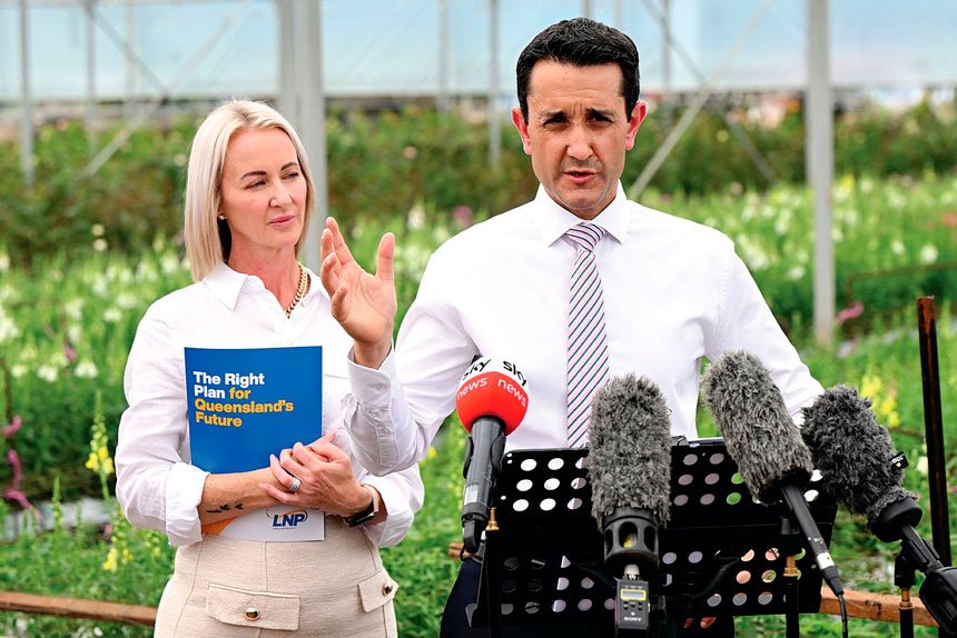 Rebecca Young and David Crisafulli holding a press conference at Redlands Fresh Flowers during the election campaign.