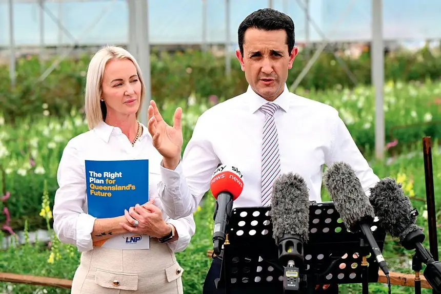 Rebecca Young and David Crisafulli holding a press conference at Redlands Fresh Flowers during the election campaign.