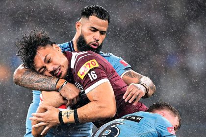 Jeremiah Nanai and Payne Haas collide during State of Origin game two. PHOTO: AAP IMAGE
