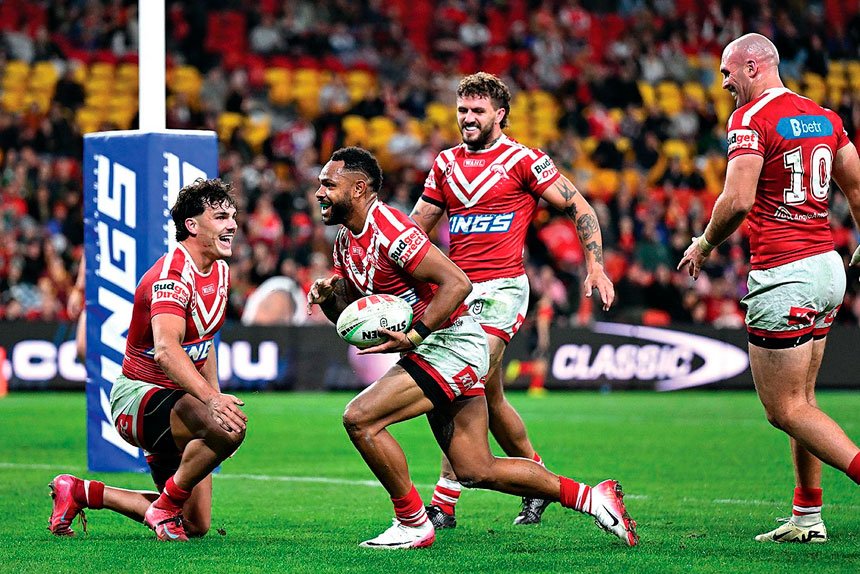 Hamiso Tabuai-Fidow of the Dolphins scores his second of four tries during the NRL Round 17 match between the Dolphins and the Rabbitohs. PHOTO: AAP Image/Dave Hunt
