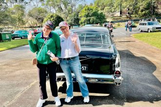 FUN DAY OUT: Stacey Mulcahey of Myhorizon and Teresa McCoombs of the Queensland Chevrolet Club Inc enjoy the car cruising day.