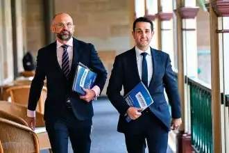 Queensland Treasurer David Janetzki and Premier David Crisafulli at Parliament before the handing down of the 2025-26 Queensland State Budget.
