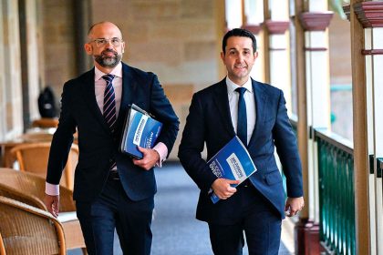 Queensland Treasurer David Janetzki and Premier David Crisafulli at Parliament before the handing down of the 2025-26 Queensland State Budget.