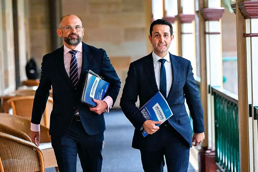 Queensland Treasurer David Janetzki and Premier David Crisafulli at Parliament before the handing down of the 2025-26 Queensland State Budget.