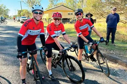 Kelly Phuah, Sally McLean and Julie Rappo at the start of the road race.