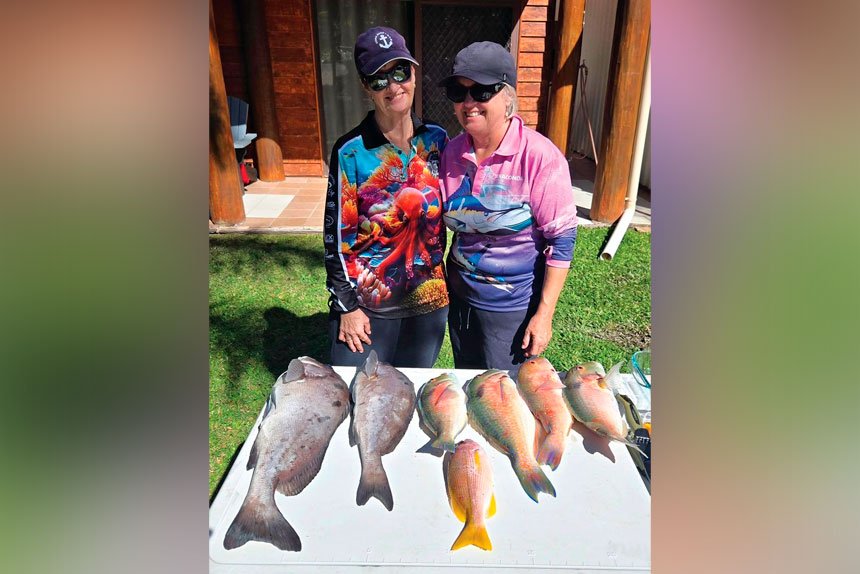 Friends Julie Bates and Lyndy Pennisi with a few nights’ dinner caught off Great Keppell Island.