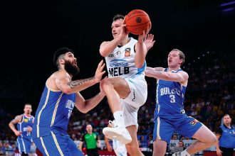 Tanner Krebs of Melbourne United runs into solid Brisbane Bullets defence during the teams’ NBL Round 18 match at Brisbane Entertainment Centre.