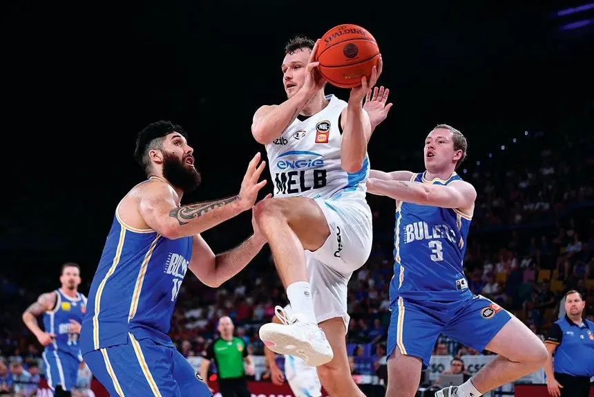 Tanner Krebs of Melbourne United runs into solid Brisbane Bullets defence during the teams’ NBL Round 18 match at Brisbane Entertainment Centre.