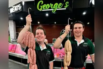TASTE TEST: George Alderson (left) and Hunter Brown from George’s Gourmet Meats.