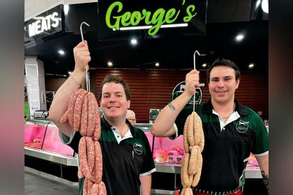 TASTE TEST: George Alderson (left) and Hunter Brown from George’s Gourmet Meats.
