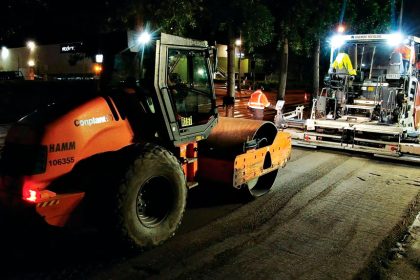 The foam bitumen resurfacing night work being carried out on Redland Bay Rd, Capalaba.