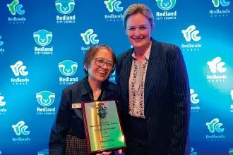 Mount Cotton chaplain Nina Chong with Mayor Jos Mitchell.