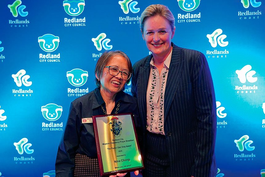 Mount Cotton chaplain Nina Chong with Mayor Jos Mitchell.