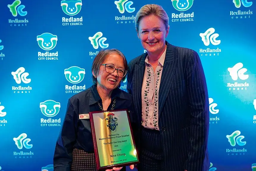 Mount Cotton chaplain Nina Chong with Mayor Jos Mitchell.